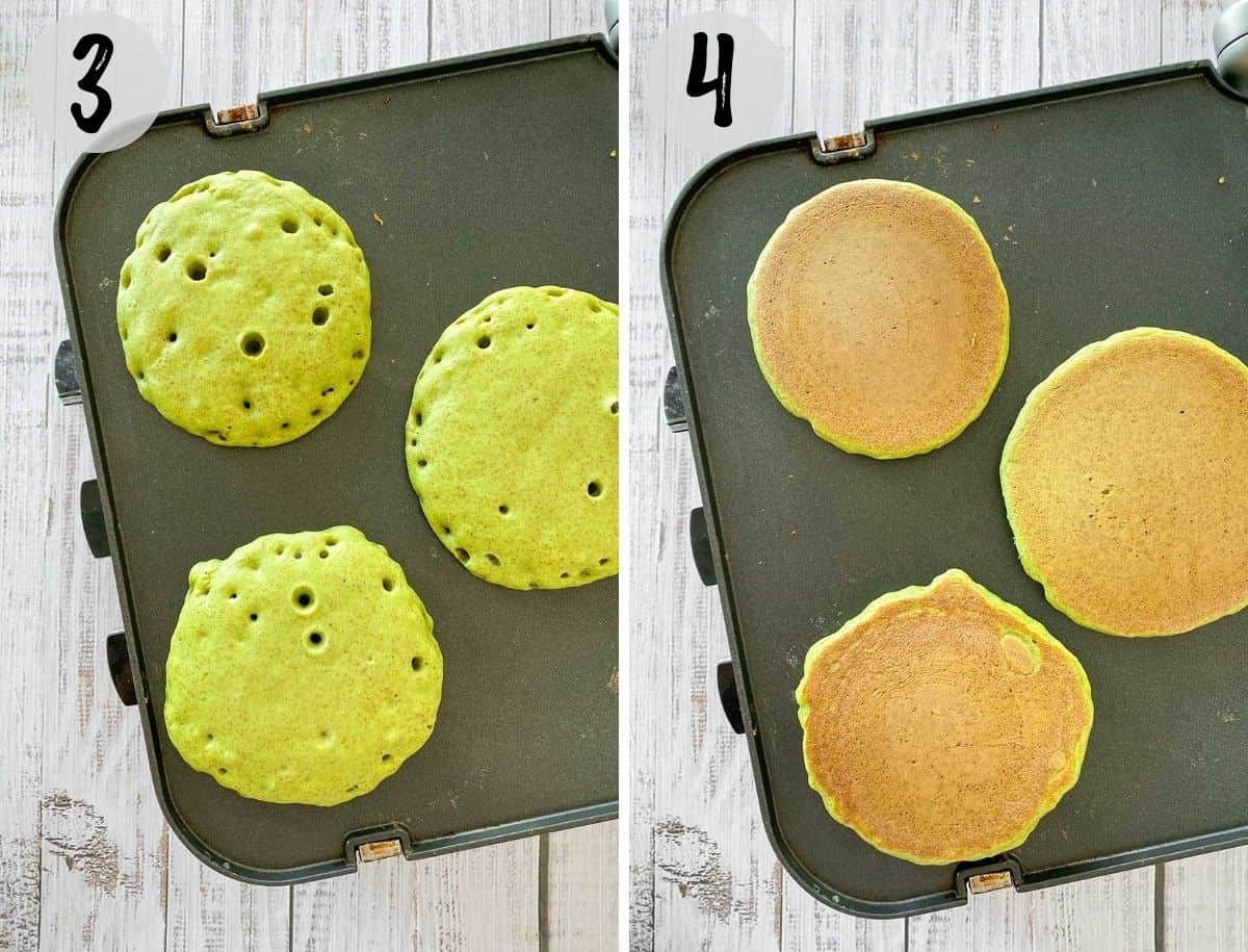 Green pancakes cooking on griddle before and after flipping.
