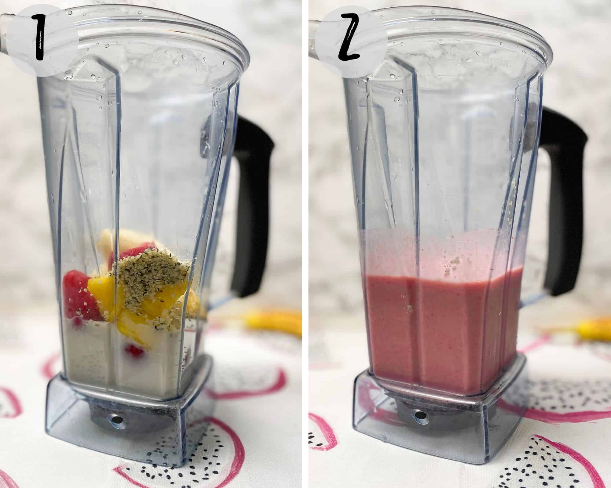 blender with banana, fruit and milk blended into a smoothie