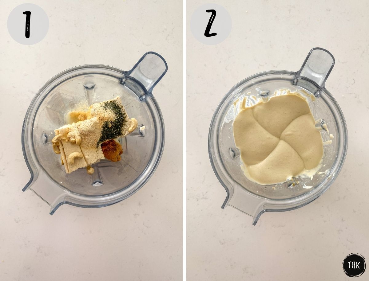 Blender with tofu, cashews, seasoning and lemon juice being blended into vegan cream cheese.