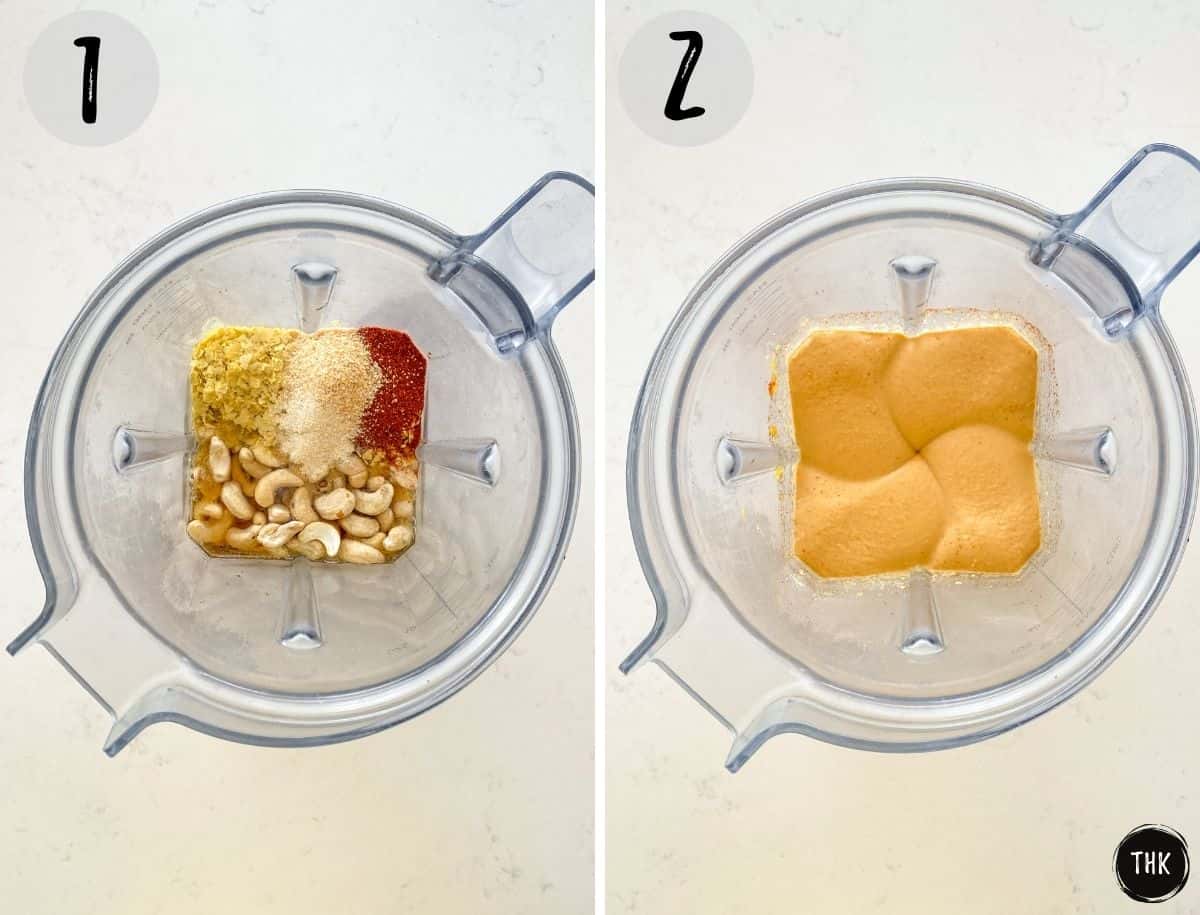 Cashews and spices in blender being pureed into dip.