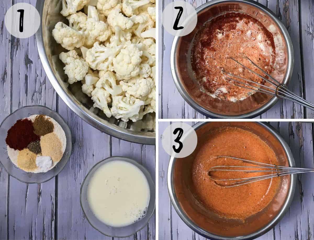 Cauliflower florets in large bowl and red batter in another large bowl.