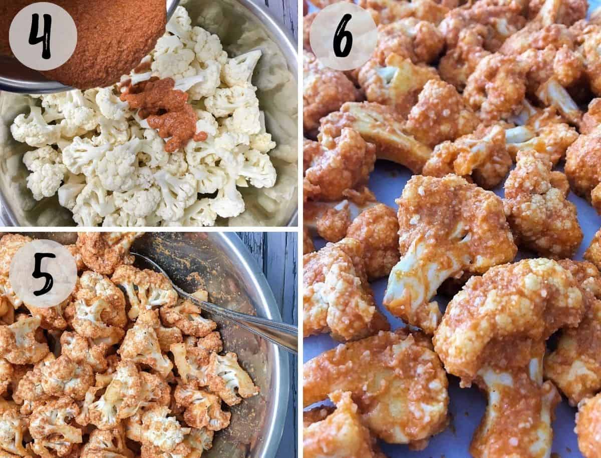 Batter being poured on top of cauliflower florets and then mixed to evenly coat.