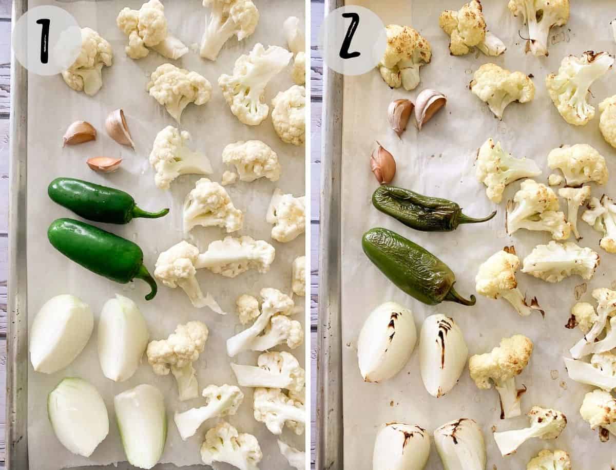 Cauliflower florets, jalapenos, garlic and onion on baking tray before and after roasting.