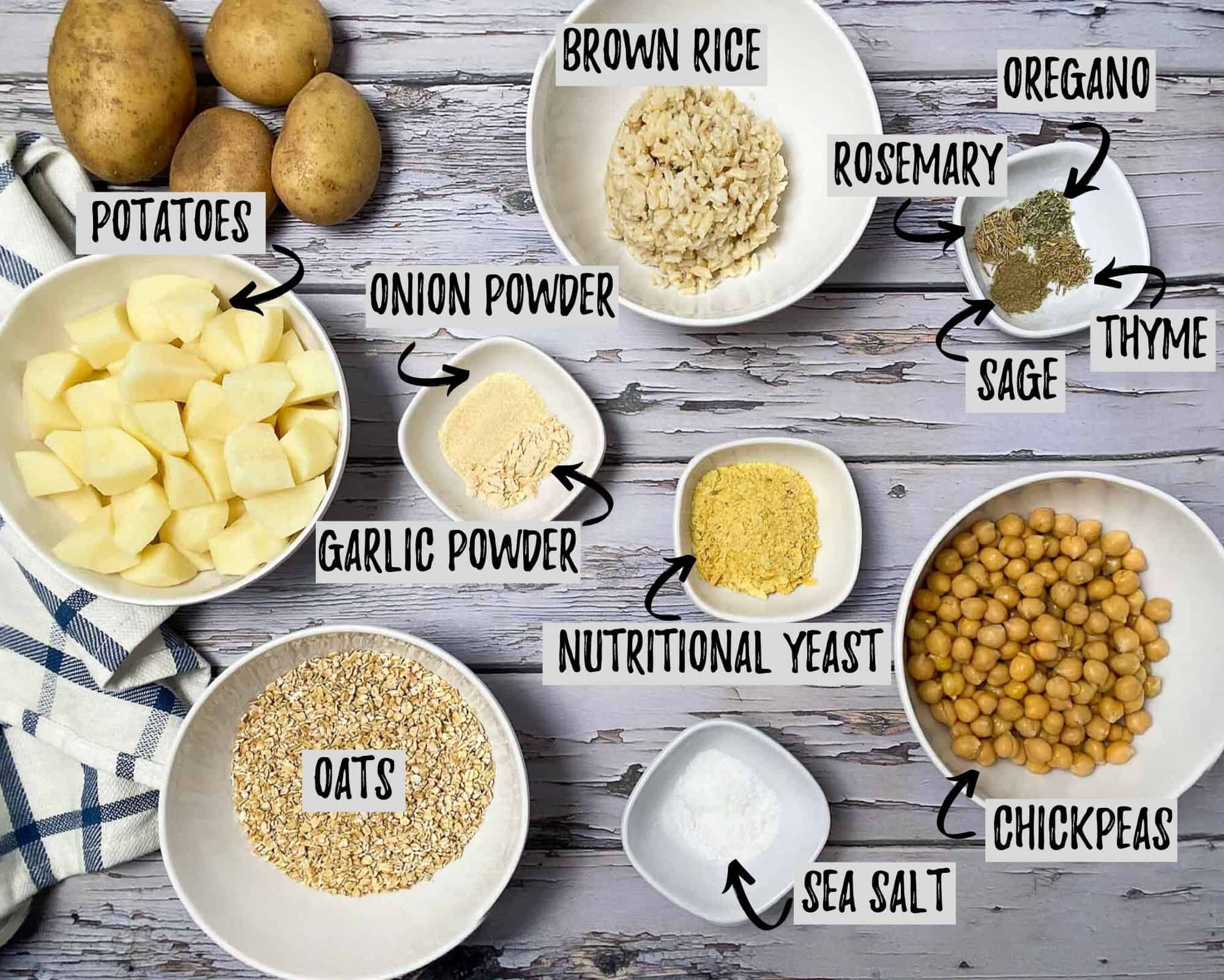 bowl of rice, potatoes, oats, chickpeas, seasoning, and nutritional yeast