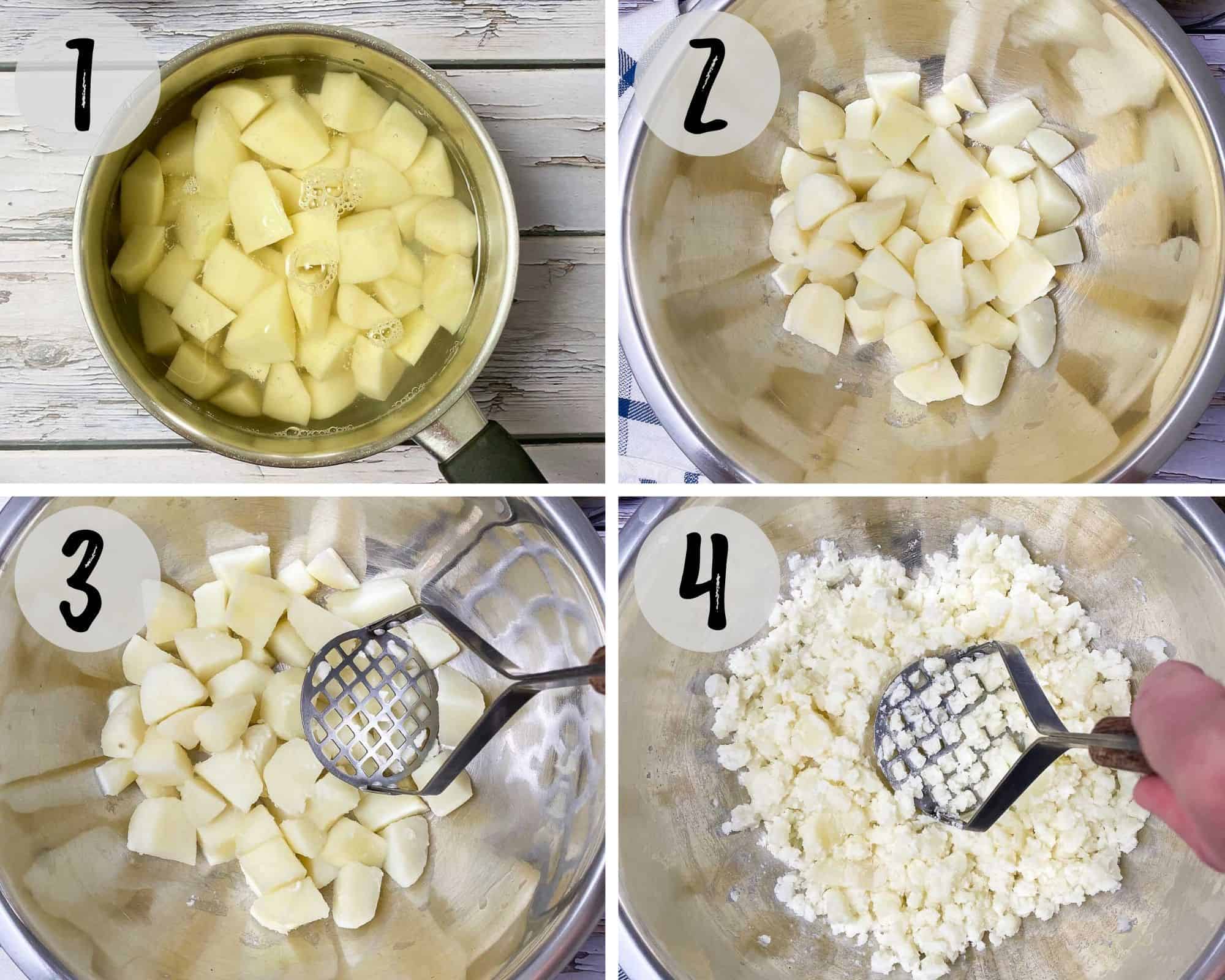 cooked potatoes in mixing bowl being mashed with potato masher