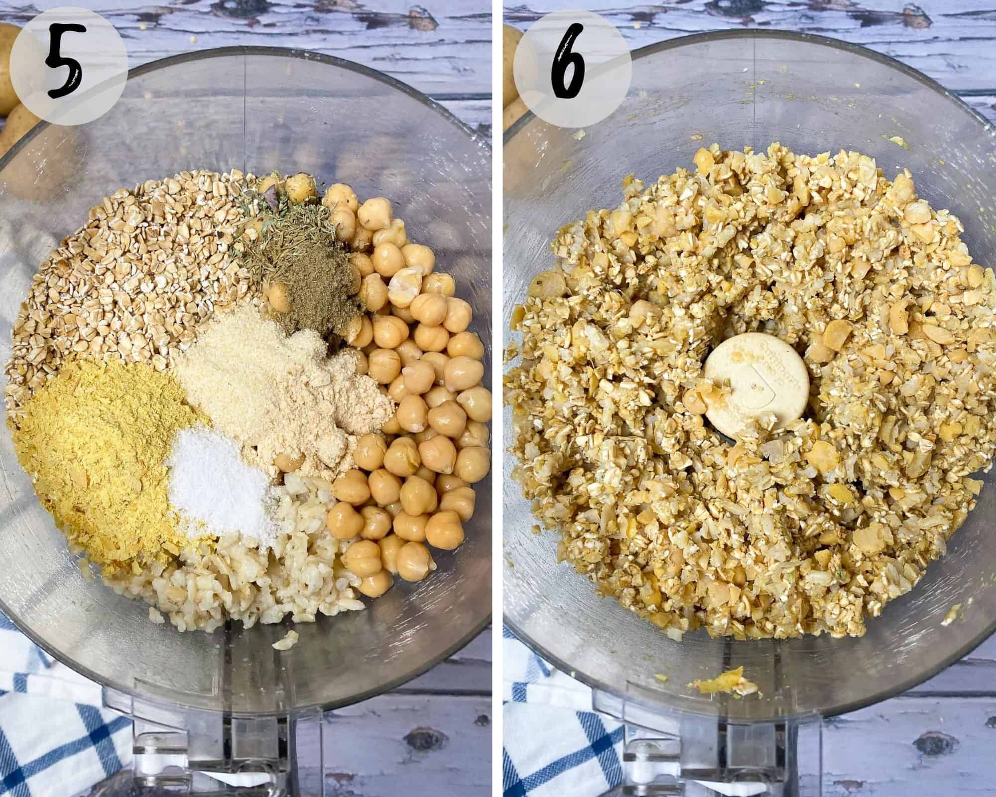 food processor with chickpeas, rice, oats and seasoning