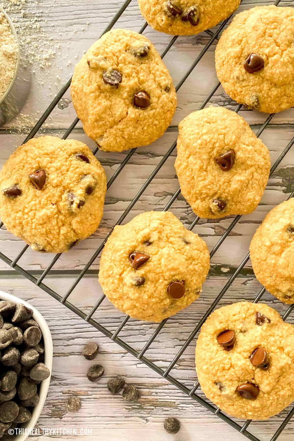 Vegan chocolate chip cookies on cooling rack.