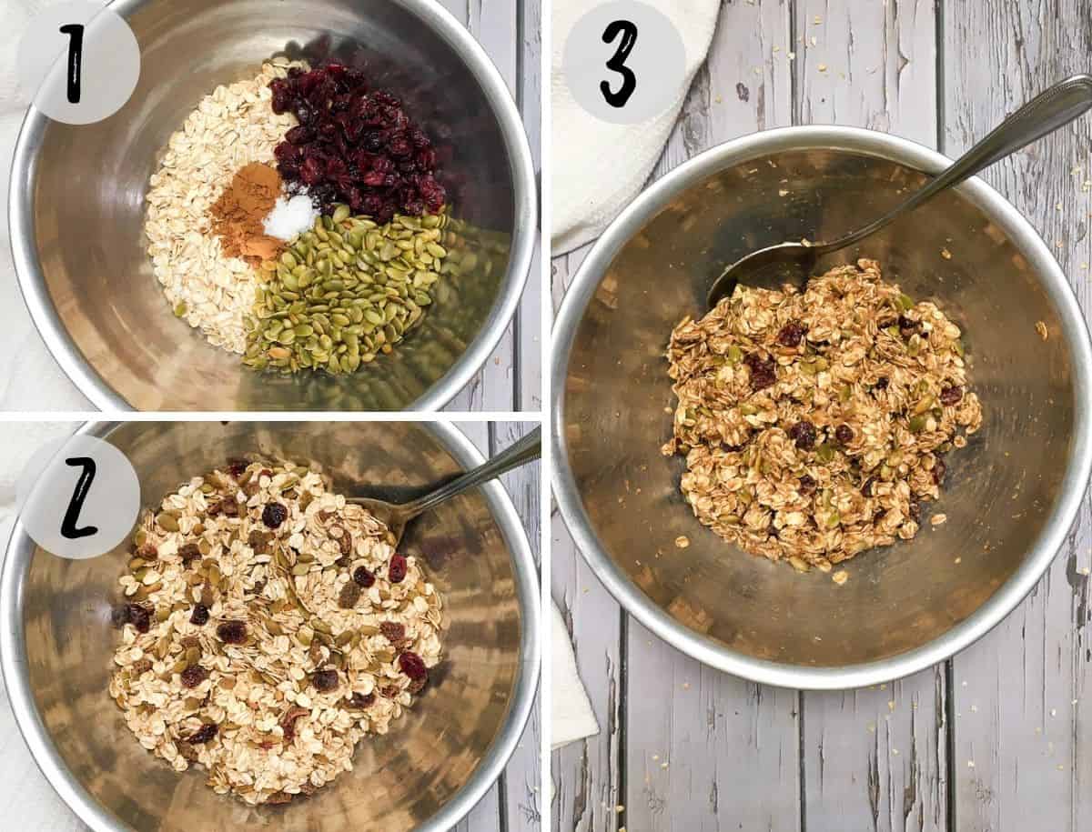 Mixing bowl with ingredients to make cookies into a batter.
