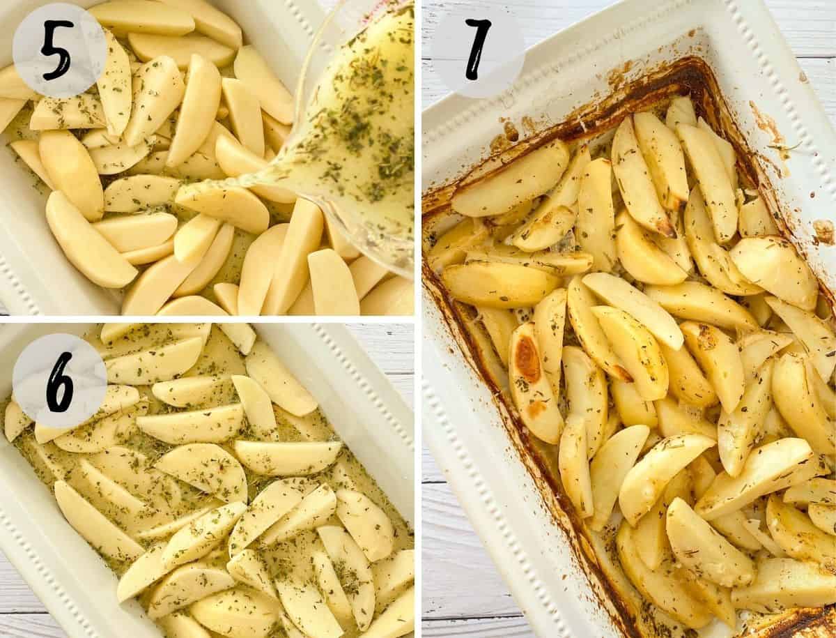 Potato wedges in baking dish before and after baking.