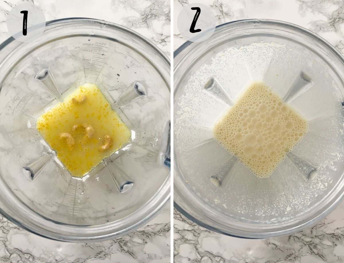 Blender with water, cashews and seasoning being pureed.