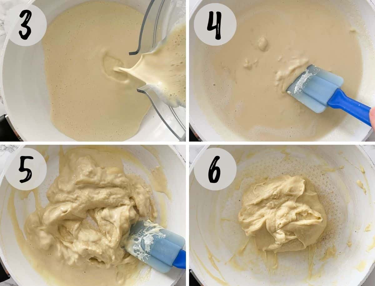 Pan with white liquid cooking and becoming a thick vegan cheese.