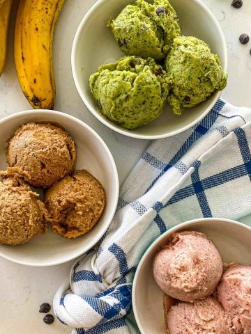Three bowls of vegan ice cream with 3 scoops in each bowl.