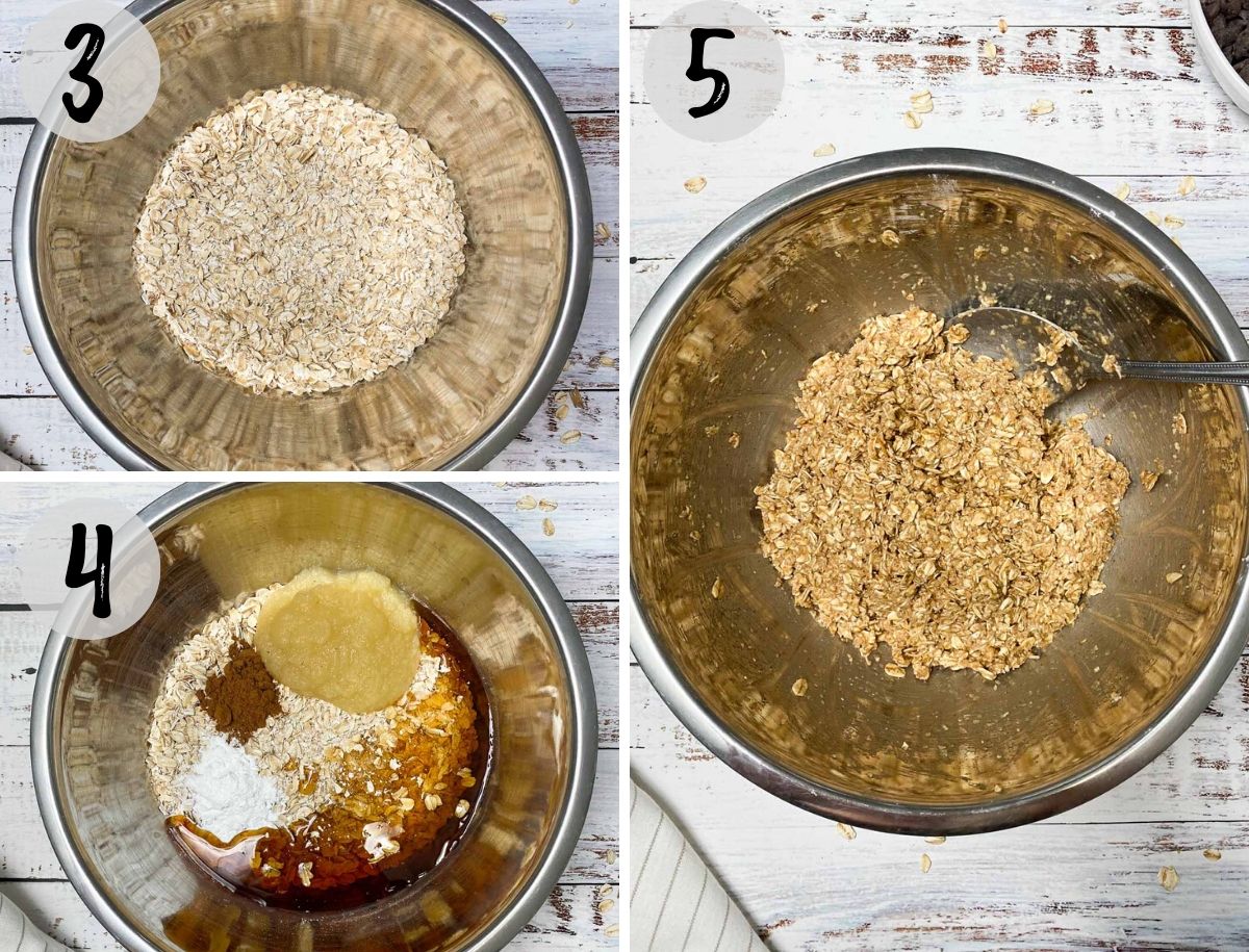 bowl of oats and apple sauce, cinnamon, maple syrup and baking powder to make oatmeal cookie batter
