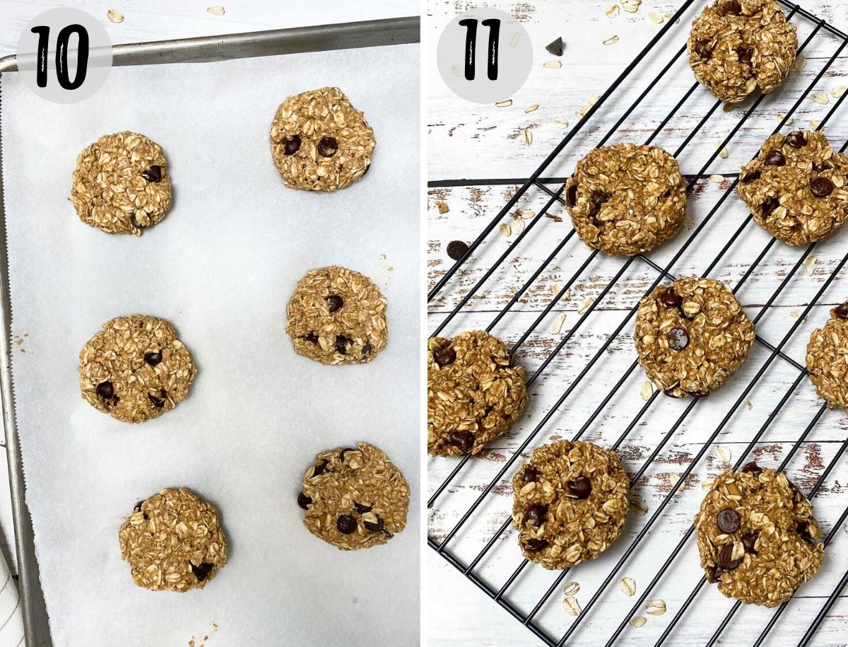 vegan oatmeal cookies on baking tray ready to bake and then cooling on wire rack