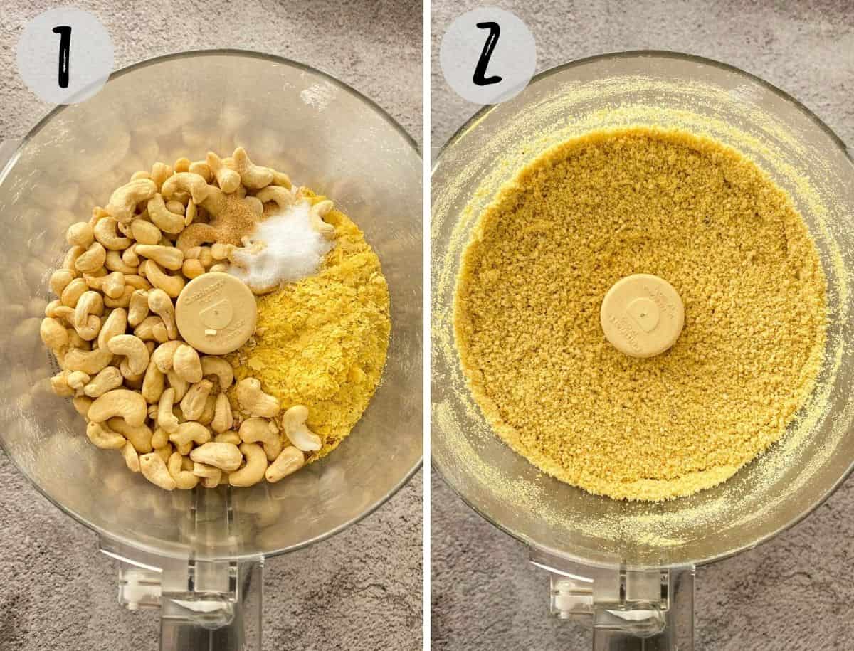 Cashews and seasoning in food processor being processed into powder.