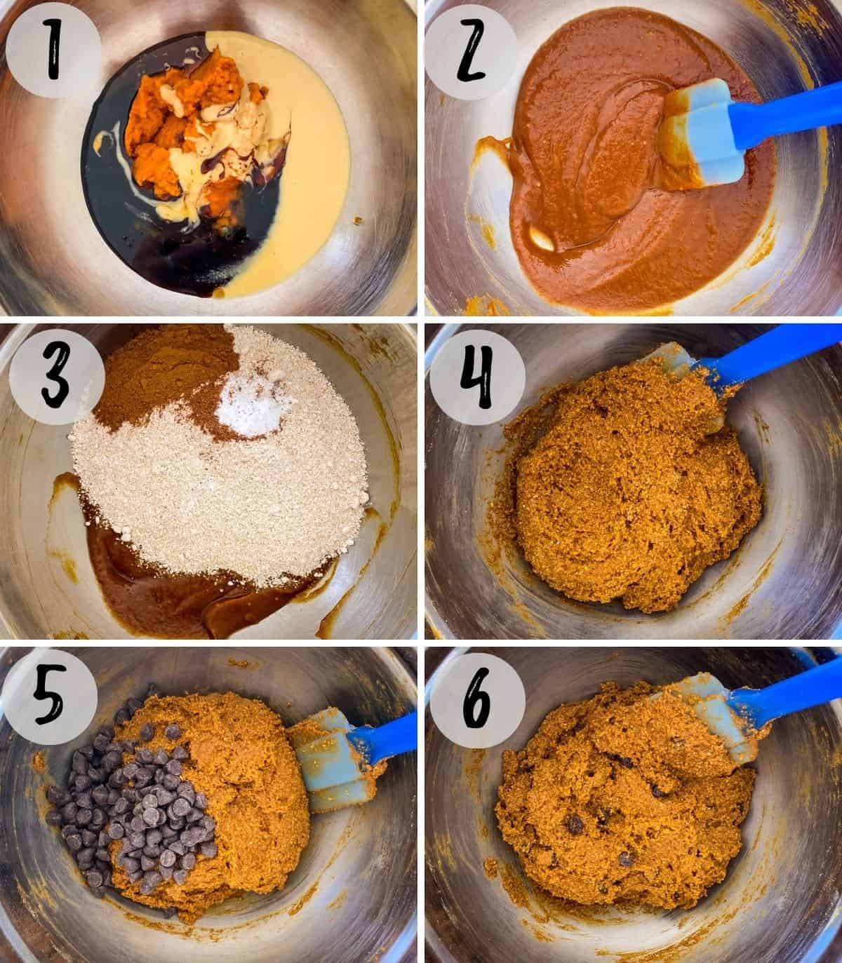 Step by step photos of large mixing bowl with wet and dry ingredients being mixed together.