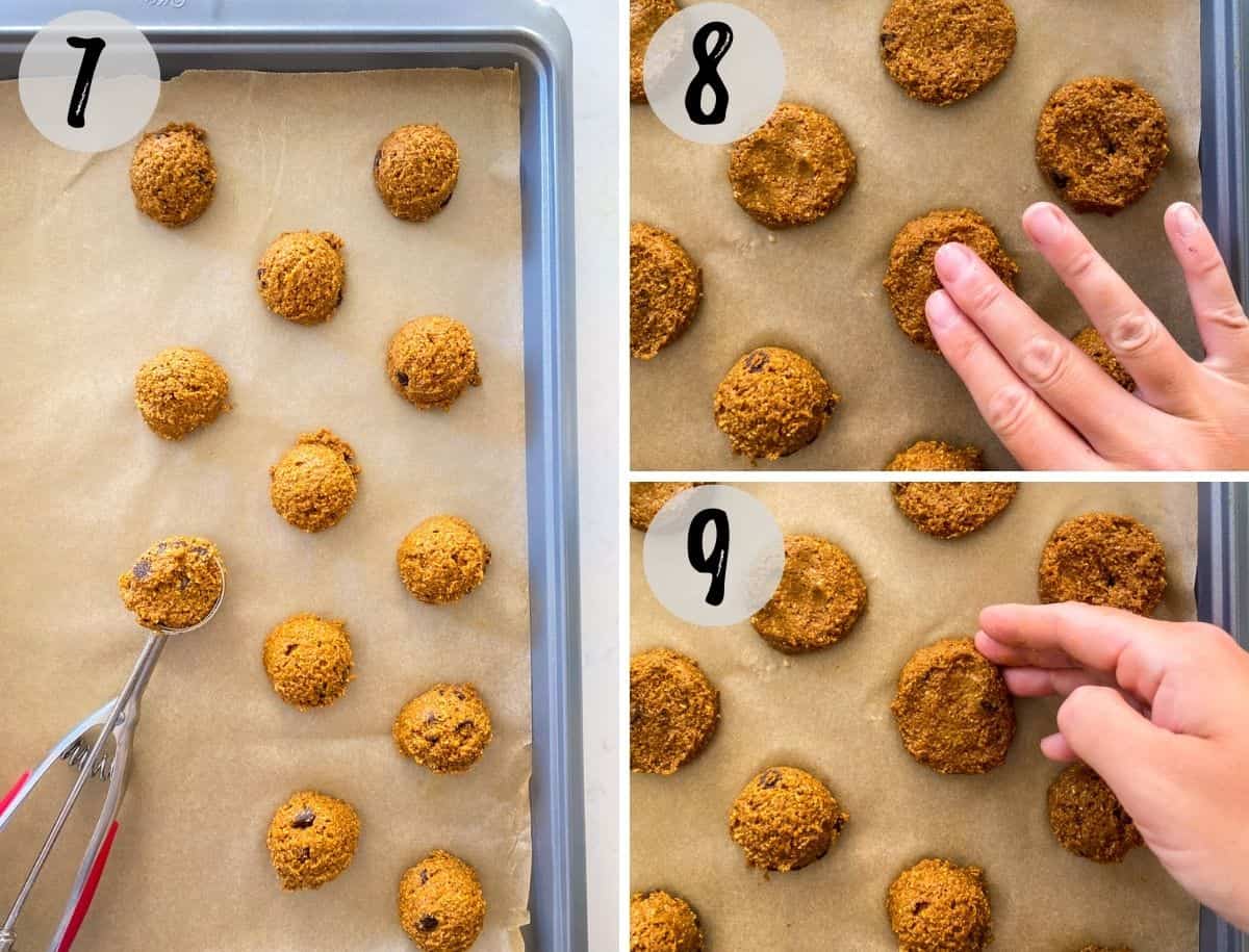 Cookie batter being placed on baking sheet and hand shaping them into rounds.
