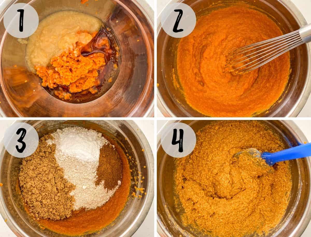 Mixing bowl with wet and dry ingredients being stirred together.