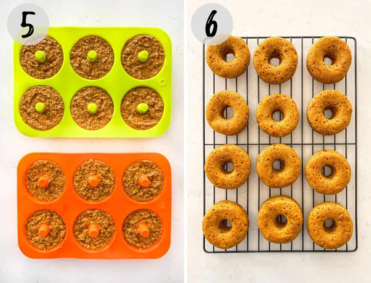 Donuts in silicone pan before baking and on cooling rack after baking.