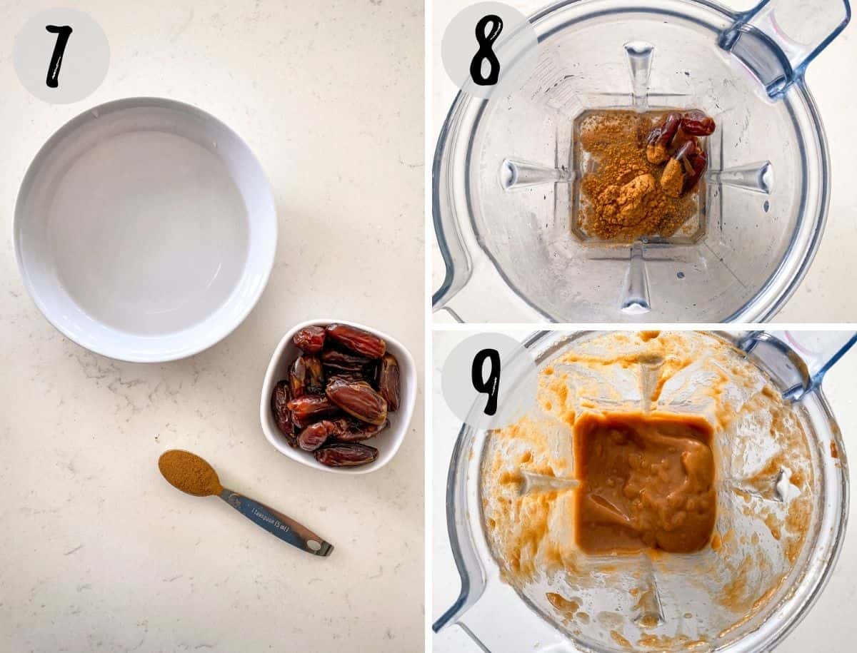Water, dates and cinnamon in blender being processed.