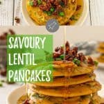 Savoury vegan pancakes pin with text overlay.