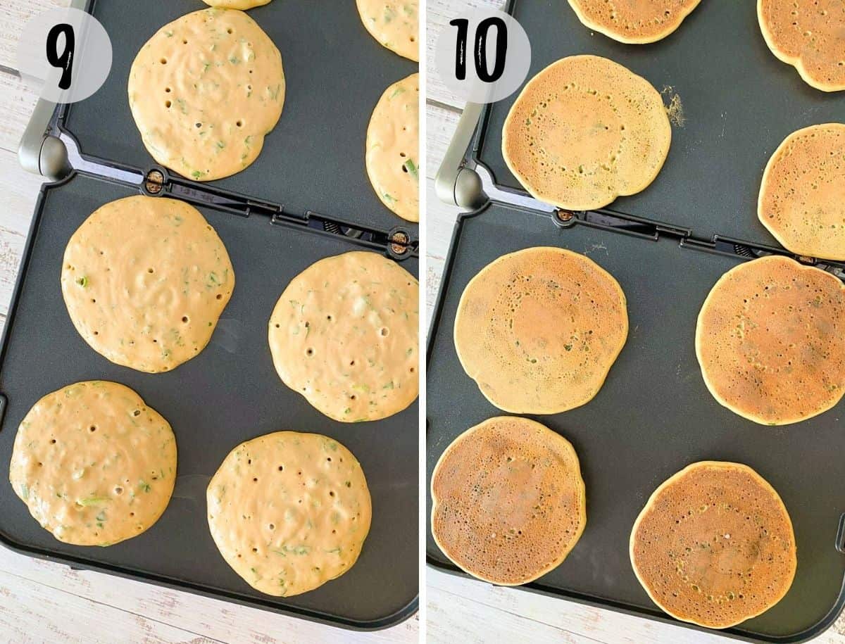 Lentil pancakes on griddle, before and after cooking.