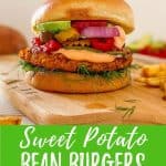 Sweet potato burgers PIN with text overlay.