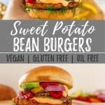 Sweet potato burgers PIN with text overlay.
