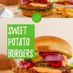Sweet potato burgers PIN with text overlay.