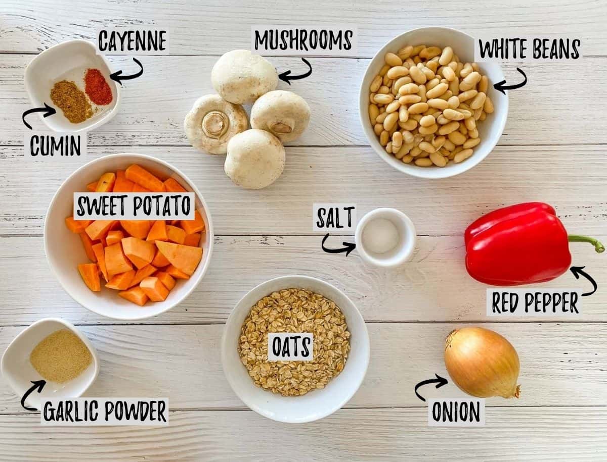 Ingredients needed to make vegan sweet potato burgers on white deck.