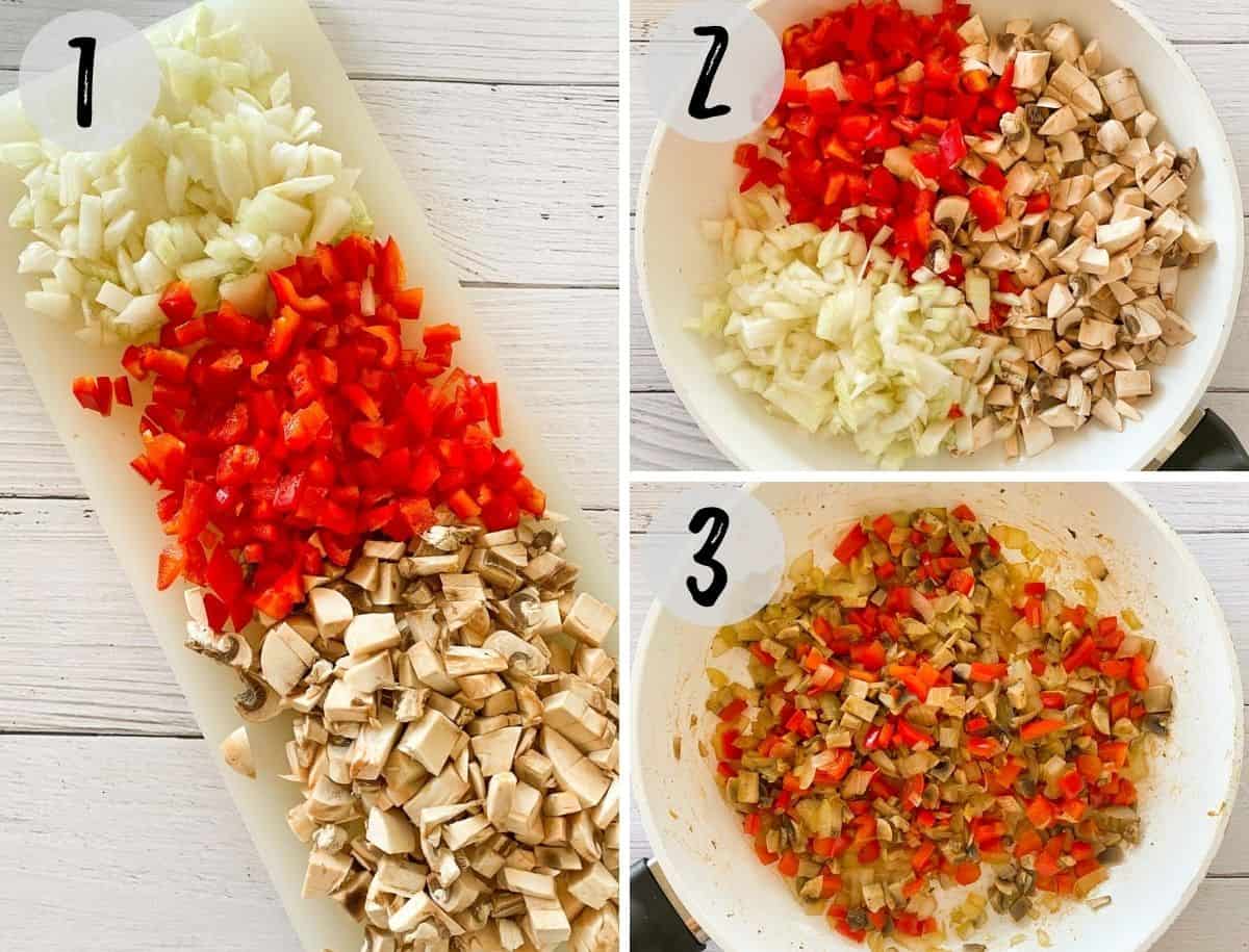 Cutting board with chopped onion, pepper and mushroom and then being sautéed.