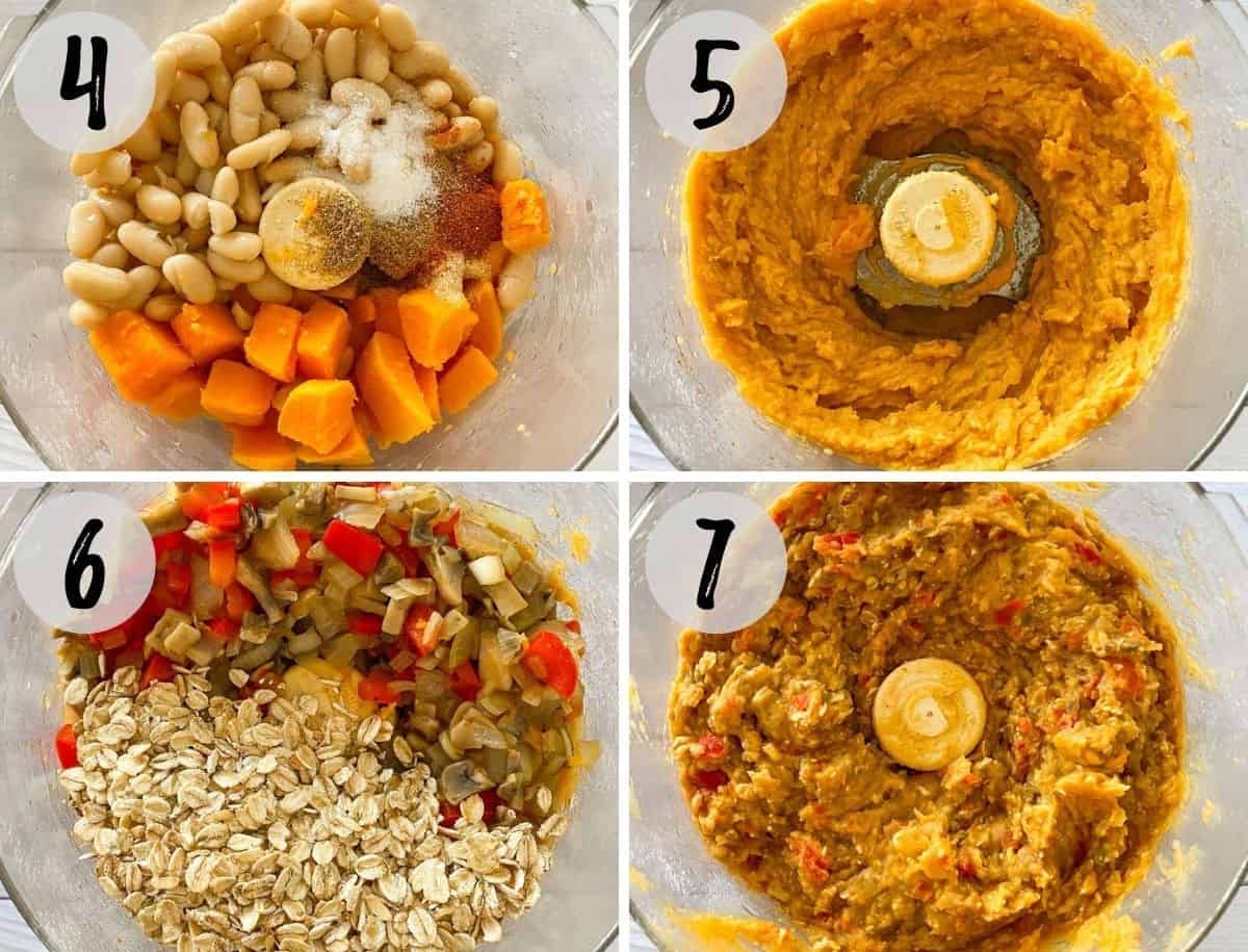Sweet potatoes, beans, oats and veggies being processed in food processor.