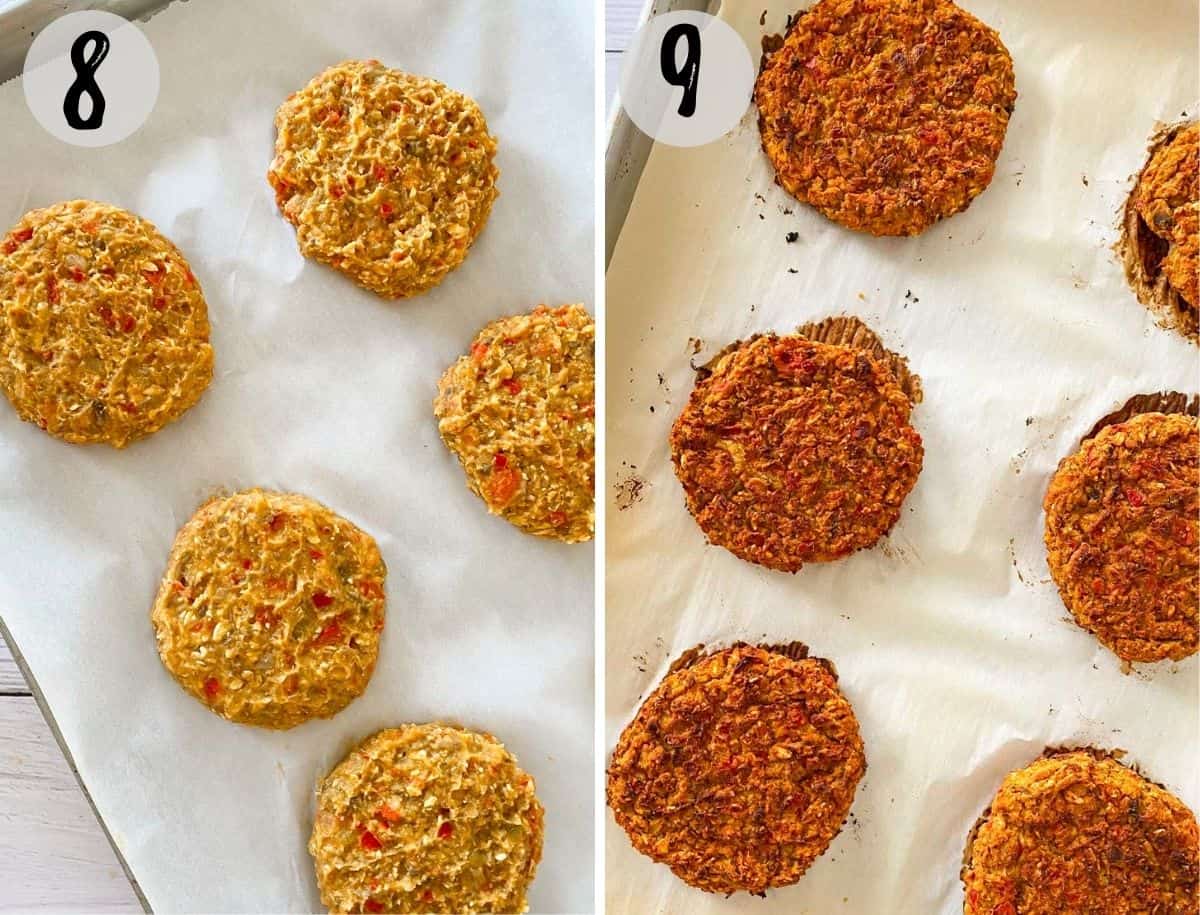 Sweet potato patties on baking tray, before and after cooking.